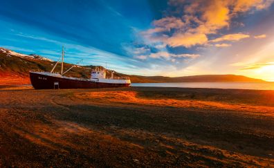 Ship, boat, sunset, landscape