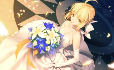 Cute anime girl, blonde anime, flowers