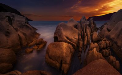 Sunset, rocks, beach, sea, nature
