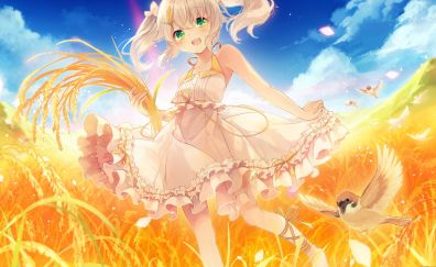 Happy, blonde anime girl, grass field