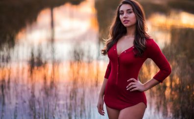 Hot girl model, red outfit, outdoor, lake