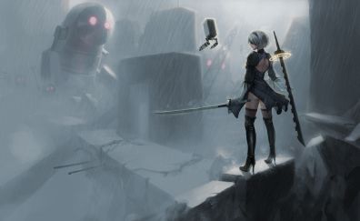 Rain, sword, Nier: Automata, video game, 2b, 4k