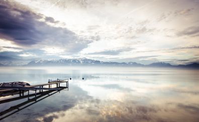 Lake, mountains, reflections, cloudy sky