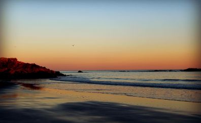 Sunset, beach, sea waves, skyline, sea