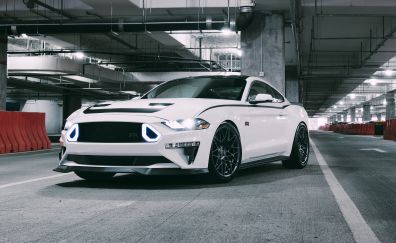 White ford mustang, muscle car, front, 4k
