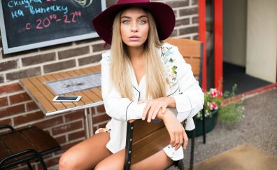 Hat, blonde, woman, white dress, sit