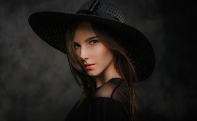 Stare, black dress, girl model, hat