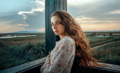 Beautiful, long hair, woman, model, balcony