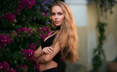 Blonde, girl model, black dress