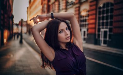 Street, arms up, girl model