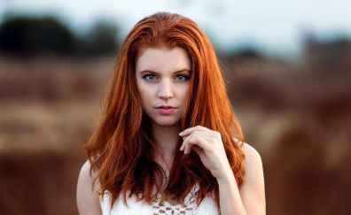 Red head, green eyes, woman, staring
