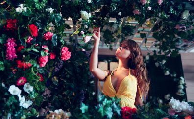 Anastasia Scheglova, girl model, yellow dress, flowers