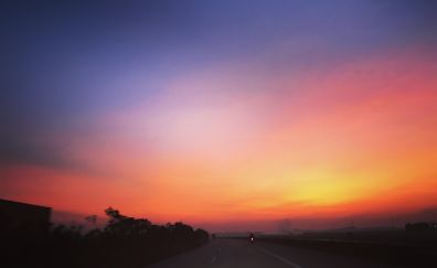 Skyline, sunset, road