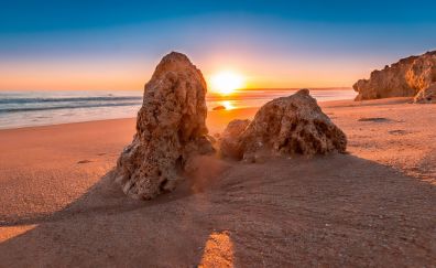 Rocks, sand, Algarve beach, sunset, nature