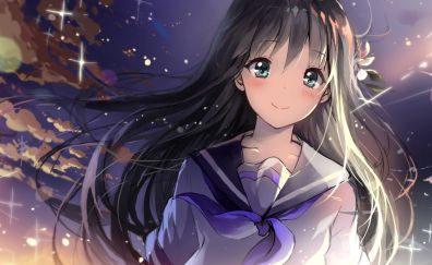 Original, school dress, long hair anime girl, smile