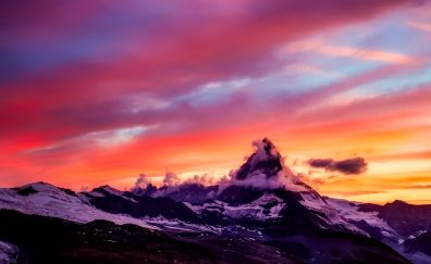 Matterhorn, mountains, cliff, clouds, sunset, skyline