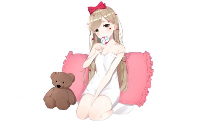 Blonde, cute anime girl, eating, candy, original