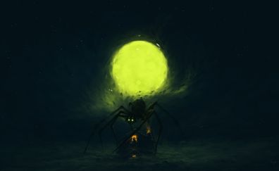 Yellow moon, dark night, big spider over house, fantasy