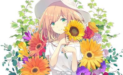 Cute, anime girl, flowers, original