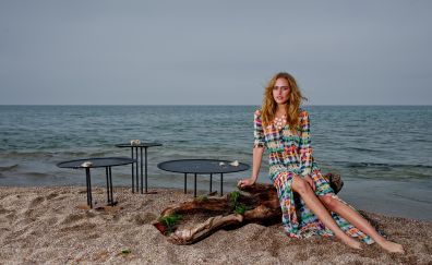 Girl model, beach, sitting, blonde