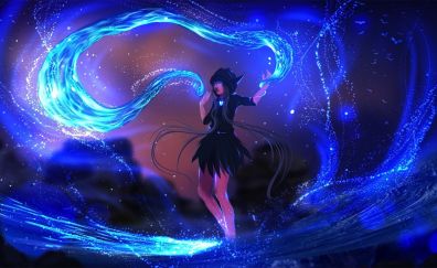 Water bending, anime girl, night, original