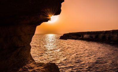 Sunset, cliff, sea, nature