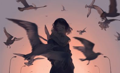 Cute anime girl, outdoor, art, seagulls