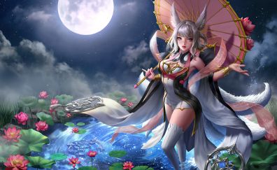 Anime girl, water lilies, moon, fantasy
