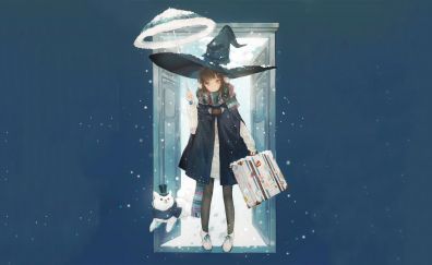 Door, umbrella, anime girl, original