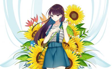 Sunflowers and anime girl, original, cute