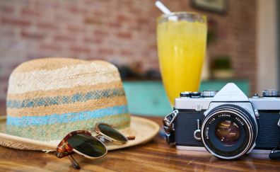 Camera, sunglasses, drinks, hat, holiday, summer