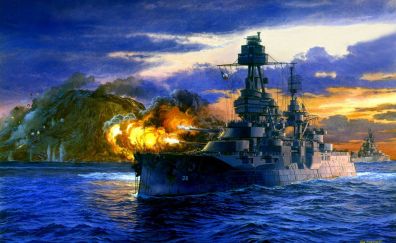 Warship, firing, artwork