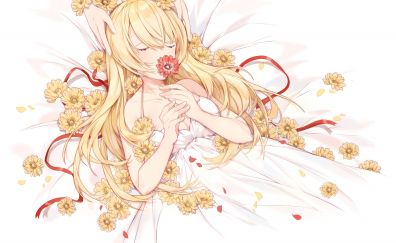Anime girl, lying down, bed, flowers