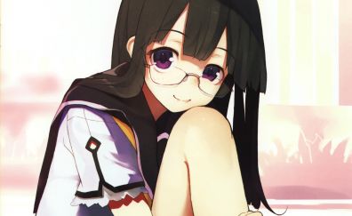 Smile, glasses, black hair, anime girl, sit