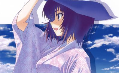 Anime girl, short hair, blue hat