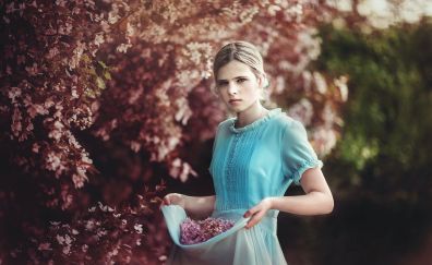 Flowers, blossom, blue dress, girl model, outdoor