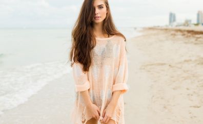 At beach, girl, model, hair on face