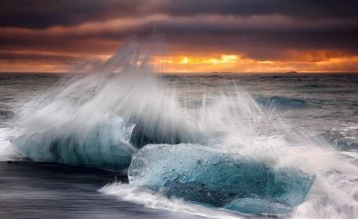 Sunset, sea waves, sea, rocks