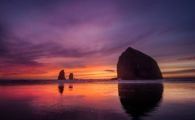 Sunset, reflections, coast, rocks