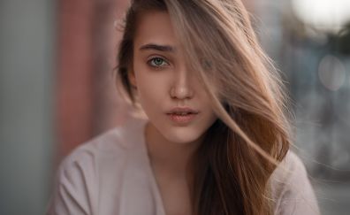 Green eyes, of beautiful woman, hair on face