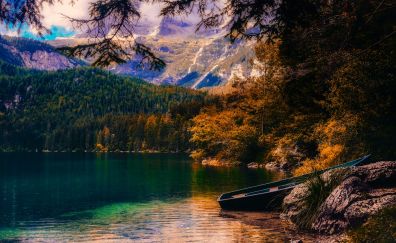 Lake, tree, mountains, boat, italy