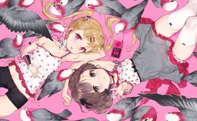 Parrots, anime girls, lying down, original, friends