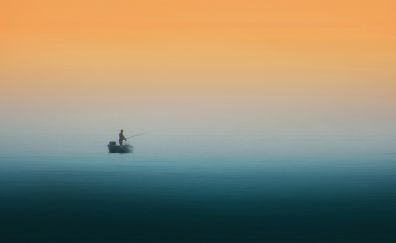 Sunset, fishing, boat, skyline, fog, nature