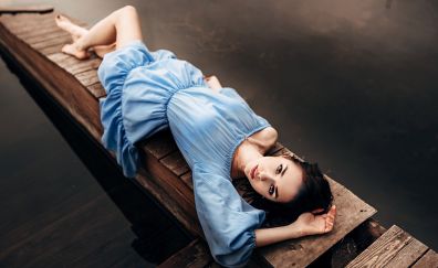 Lying down, dock, girl model, blue dress