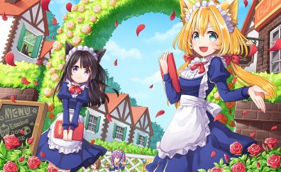 Cute anime girls, school dress, in garden