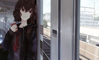 Short, curly hair, anime girl, train