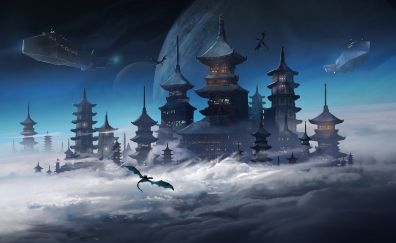 Fantasy, modern china city, clouds, dragon