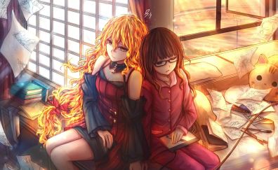 Anime girls, sit, friends
