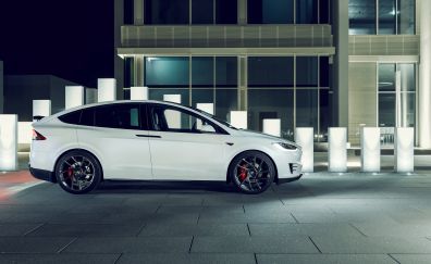Tesla model X, white car, side view