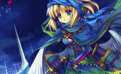Small sword, blonde anime girl, night, original